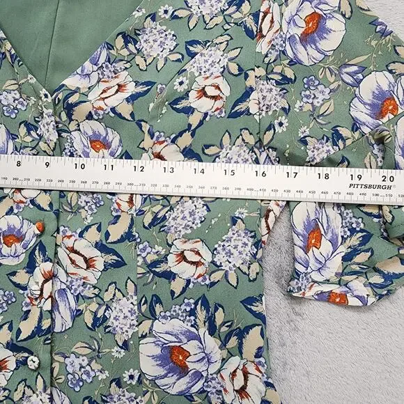 Francescas Blue Rain Dress Womens S Green Floral V-Neck Button Front Mini Lined - Picture 7 of 10